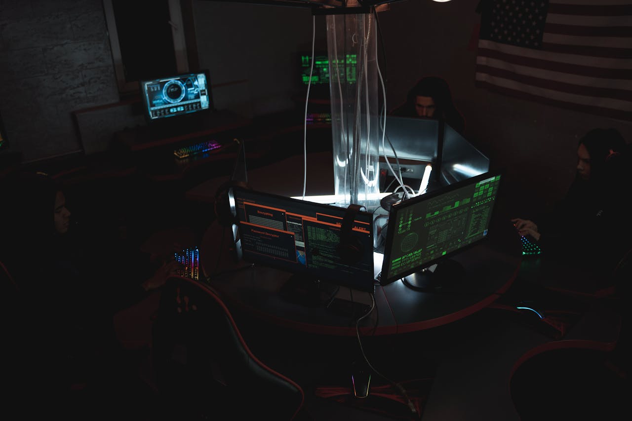 Modern control center with multiple monitoring screens and analytics dashboards