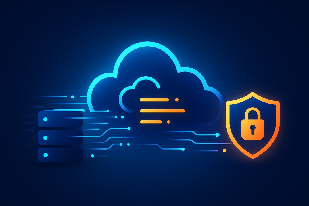 Cloud migration process visualization with data transfer and security protocols